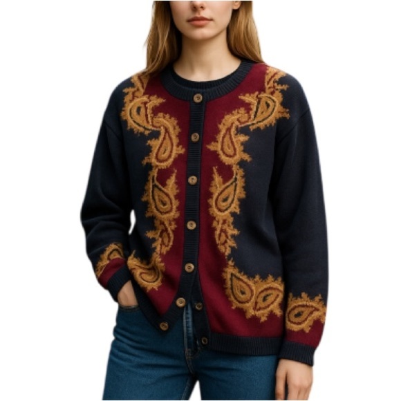 Vintage 90’s Principles Petite Collection Cardigan Navy Taupe Burgundy Paisley M - Picture 1 of 11